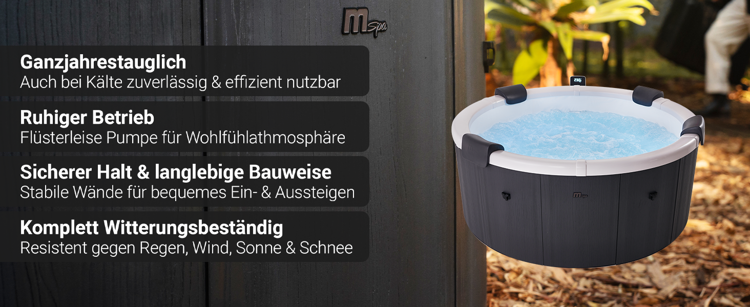 Der MSpa Frame Denver Whirlpool &uuml;berzeugt mit einer robusten Festwand-Konstruktion f&uuml;r den ganzj&auml;hrigen Au&szlig;eneinsatz. Hervorgehoben werden der leise Betrieb, die stabile Bauweise f&uuml;r komfortables Ein- und Aussteigen sowie die hohe Witterungsbest&auml;ndigkeit gegen&uuml;ber Regen, Wind, Sonne und Schnee.